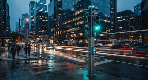 MTLS modular traffic light system installed at an urban intersection at night, with integrated cameras and sensors.