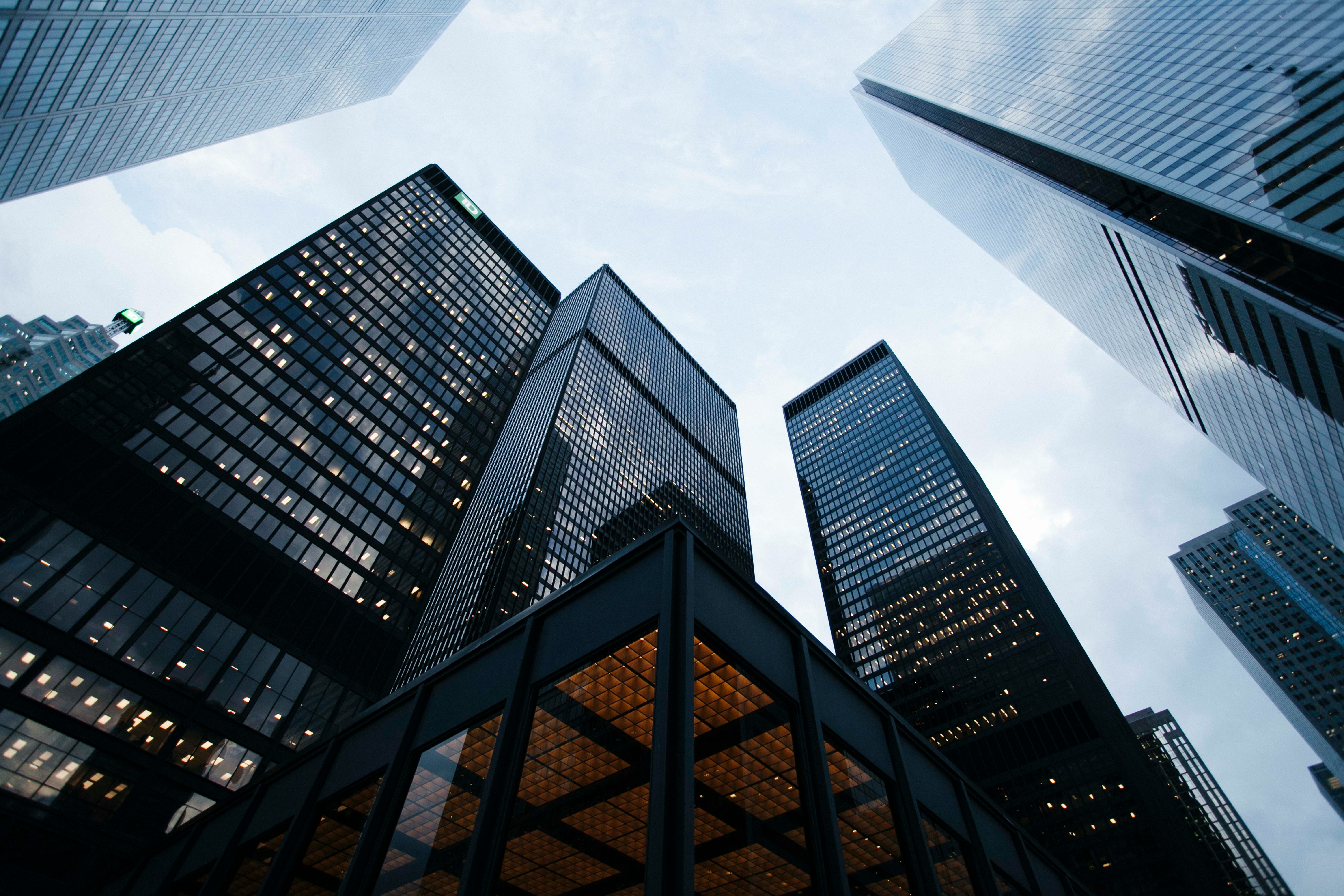 View looking up at enterprise skyscrapers